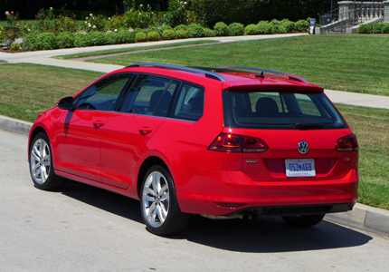 A three-quarter rear view of a 2015 Volkswagen Golf SportWagen TSI SEL