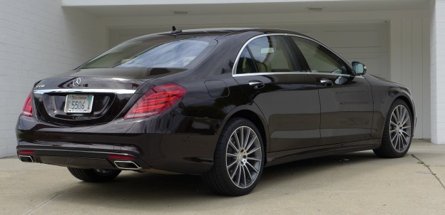 Three quarter rear view of the stylish Mercedes Benz S550 sedan