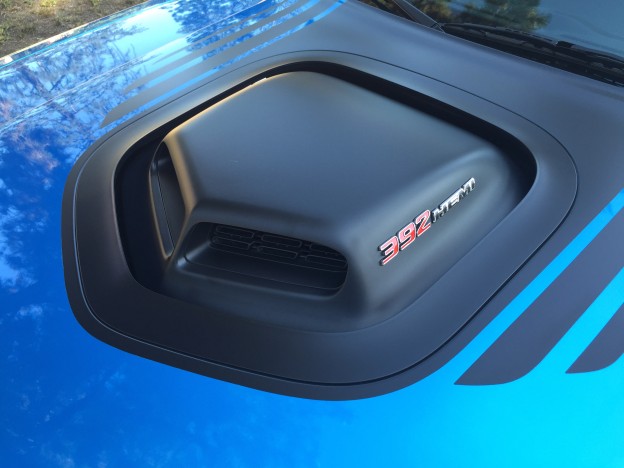 A close-up of the 392 Hemi Scat Pack Shaker mounted on the 2015 Dodge Challenger Scat Pack Shaker