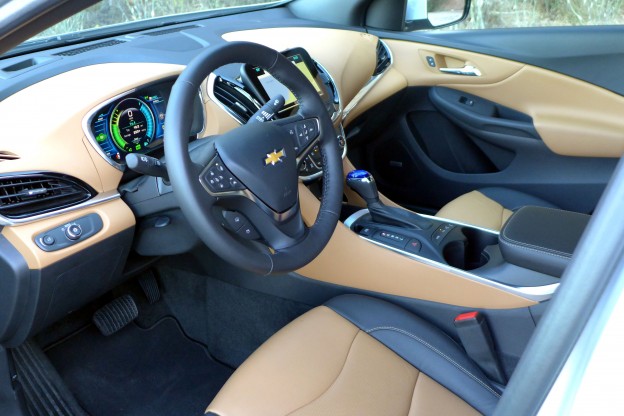 A look inside the jet black and brandy interior of the 2016 Chevrolet Volt Premier