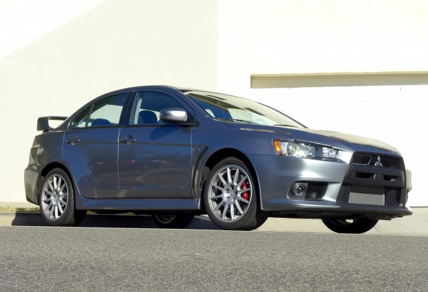 A three-quarter front view of the 2015 Mitsubishi Lancer Evolution GSR