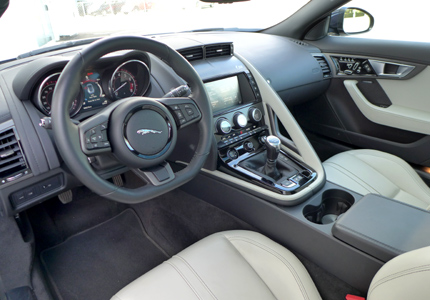 A view of the jet cirrus with jet stitch interior of the 2016 Jaguar F-TYPE S Coupe Manual