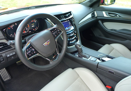 A view of the platinum and jet black interior of the 2016 Cadillac CTS-V Sedan RWD