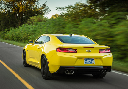 A three-quarter rear view of a 2016 Chevrolet Camaro 2LT Coupe